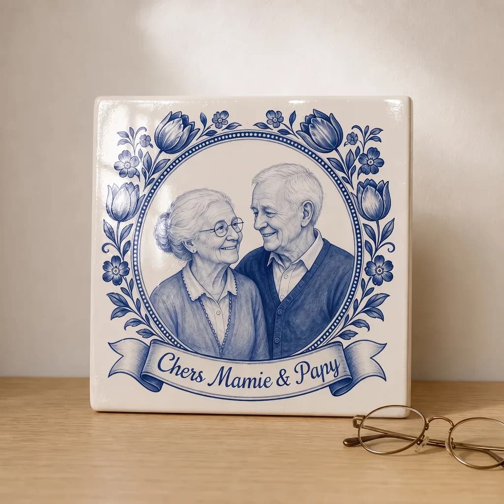 Fototegeltje als cadeau voor oma en opa, in een gestileerde scène