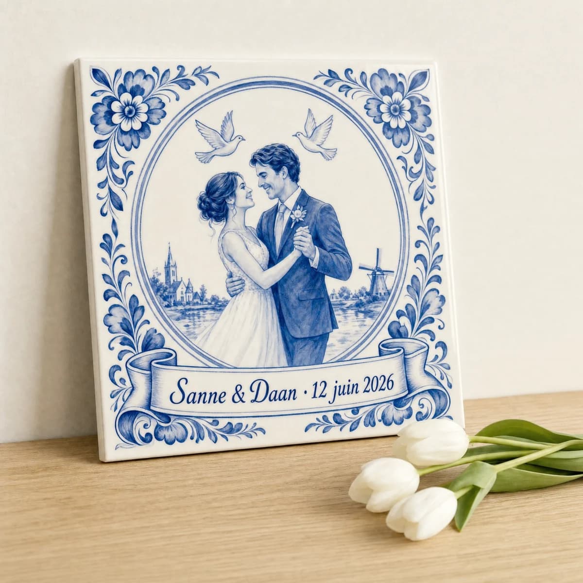Fototegeltje als cadeau voor trouwcadeau, in een gestileerde scène