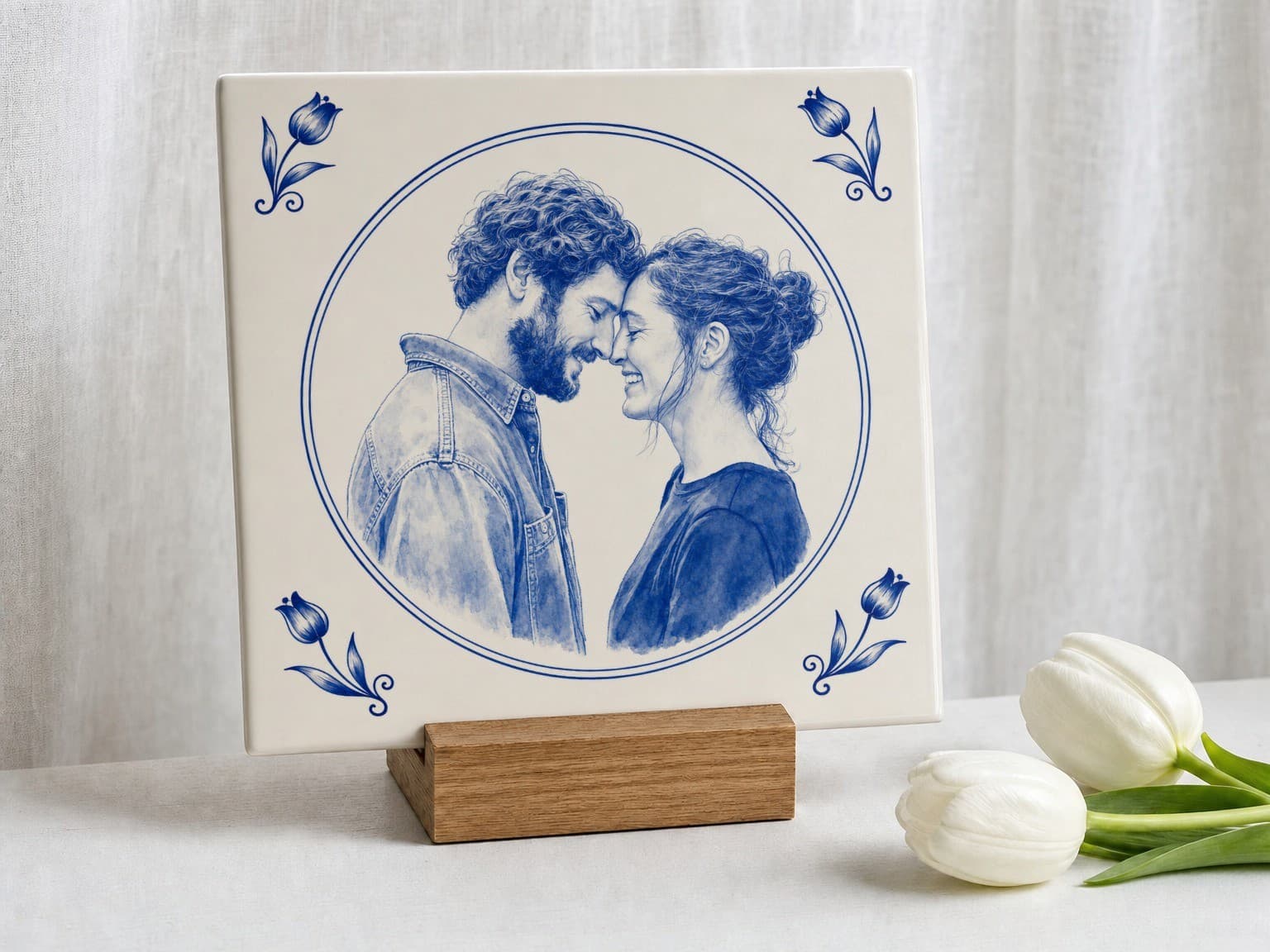 Carreau photo bleu de Delft avec un couple dans une bordure de tulipes, sur un support en bois à côté de tulipes blanches