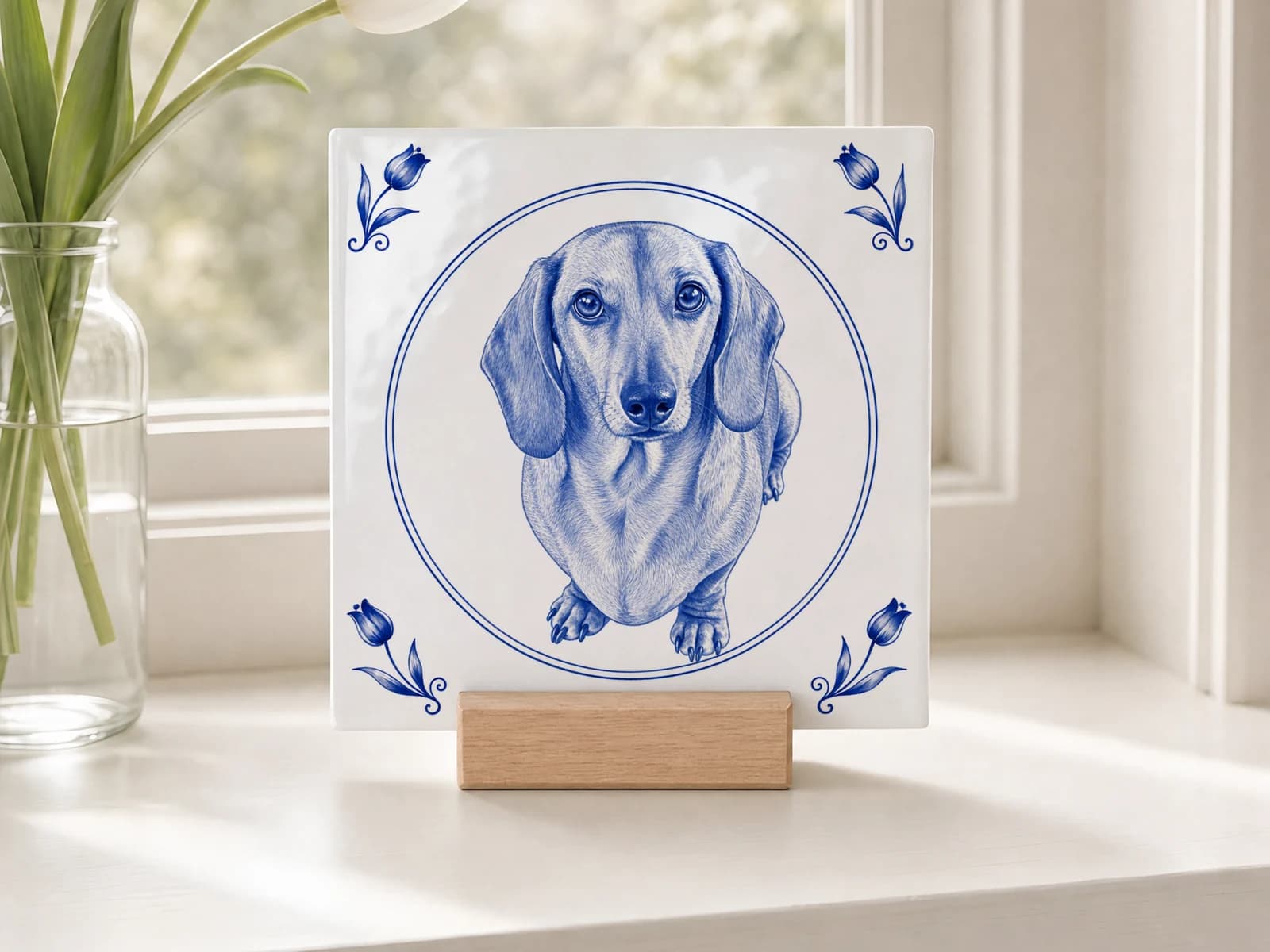 Carreau bleu de Delft avec un chien à côté de tulipes blanches sur un rebord de fenêtre