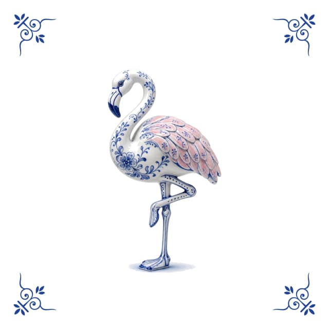 Flamant rose, carreau bleu de Delft