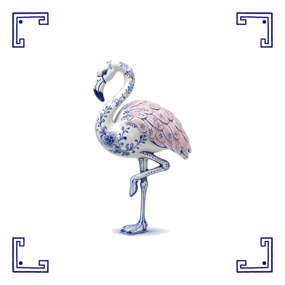 Flamant rose – carreau bleu de Delft