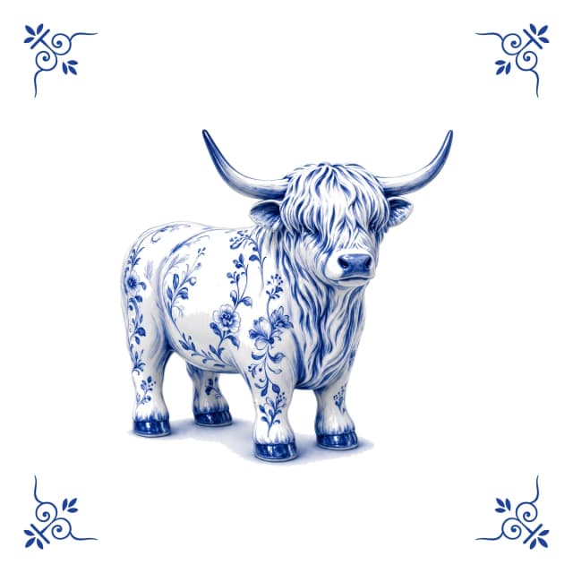 Vache Highland, carreau bleu de Delft