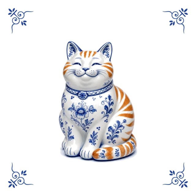 Chat roux, carreau bleu de Delft